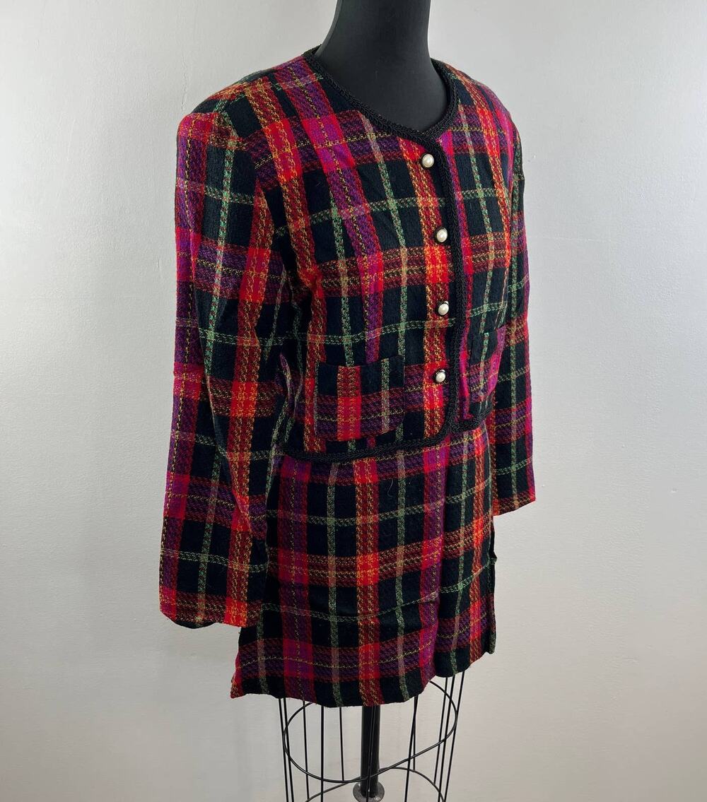VINTAGE Francine Browner Set Plaid Tweed Crop Blazer A-Line Skirt M 5/6 CLUELESS